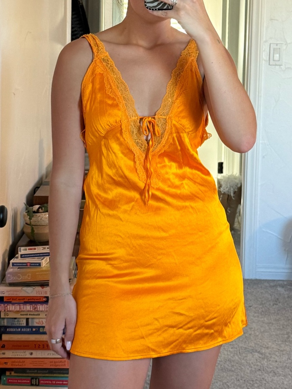 Zara Bright Orange Lace-Trim Mini Slip Dress